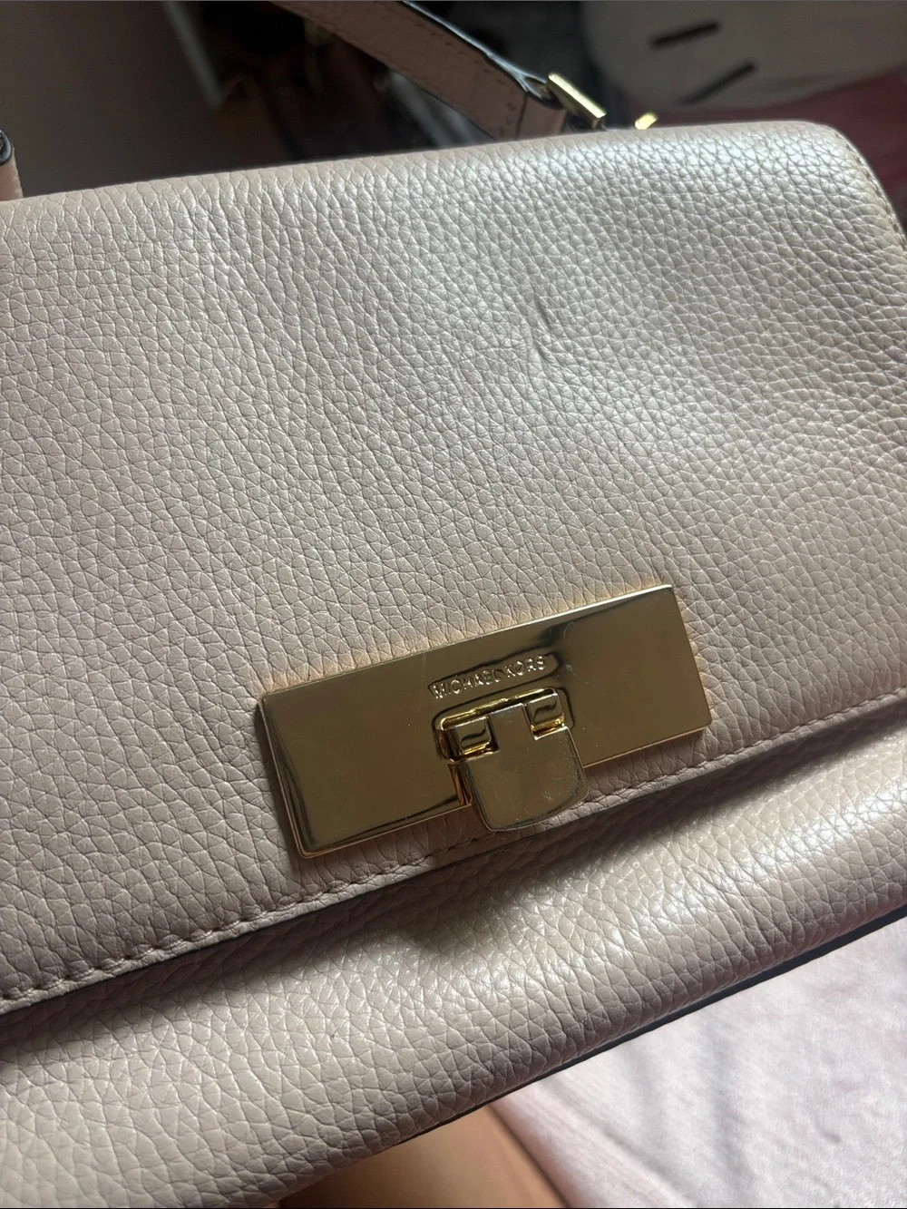 Michael Kors Pebbled Leather Crossbody in Light Taupe with Gold Hardware